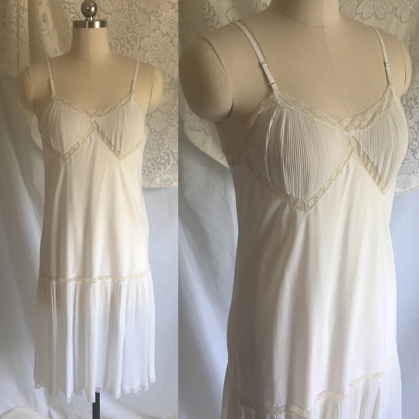 Vintage 1950's Chemise Slip | White Dacron Cotton Batiste & Lace | Crystal Pleating | Barbizon | Size SM - Daggers & Dames