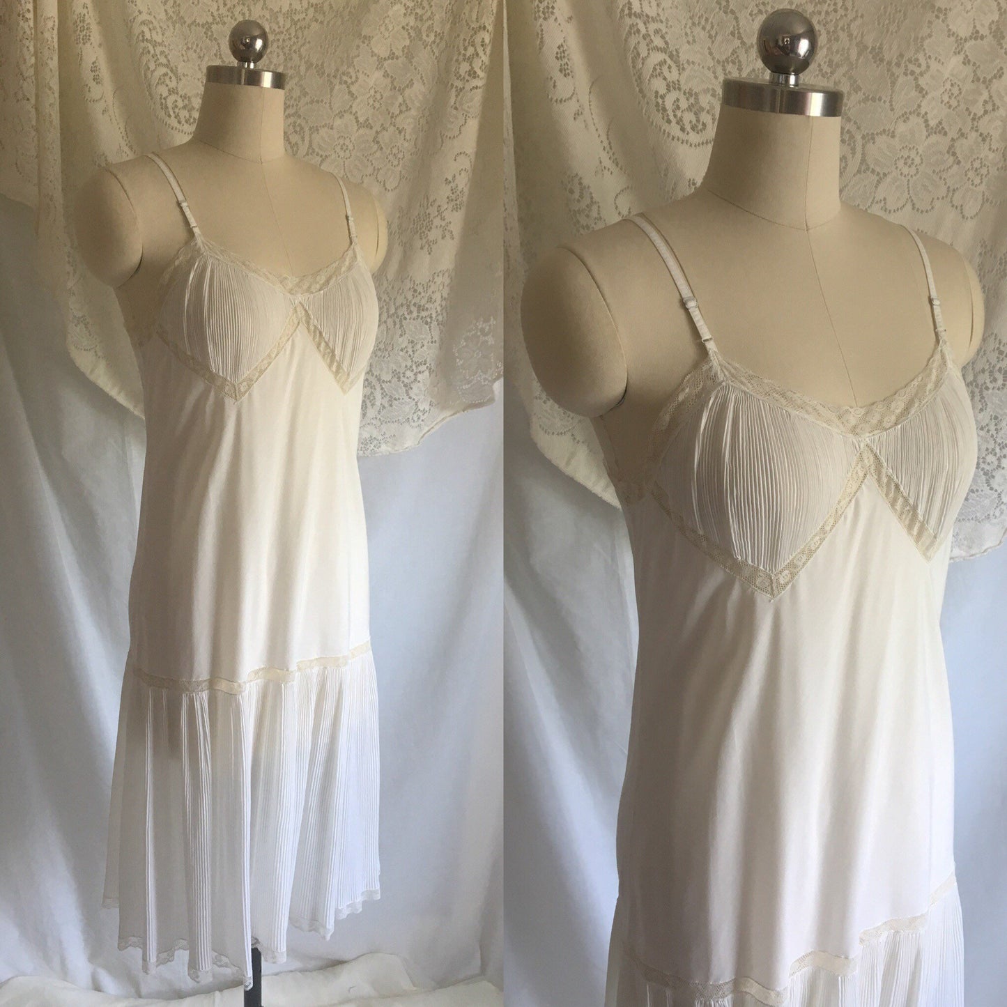 Vintage 1950's Chemise Slip | White Dacron Cotton Batiste & Lace | Crystal Pleating | Barbizon | Size SM - Daggers & Dames