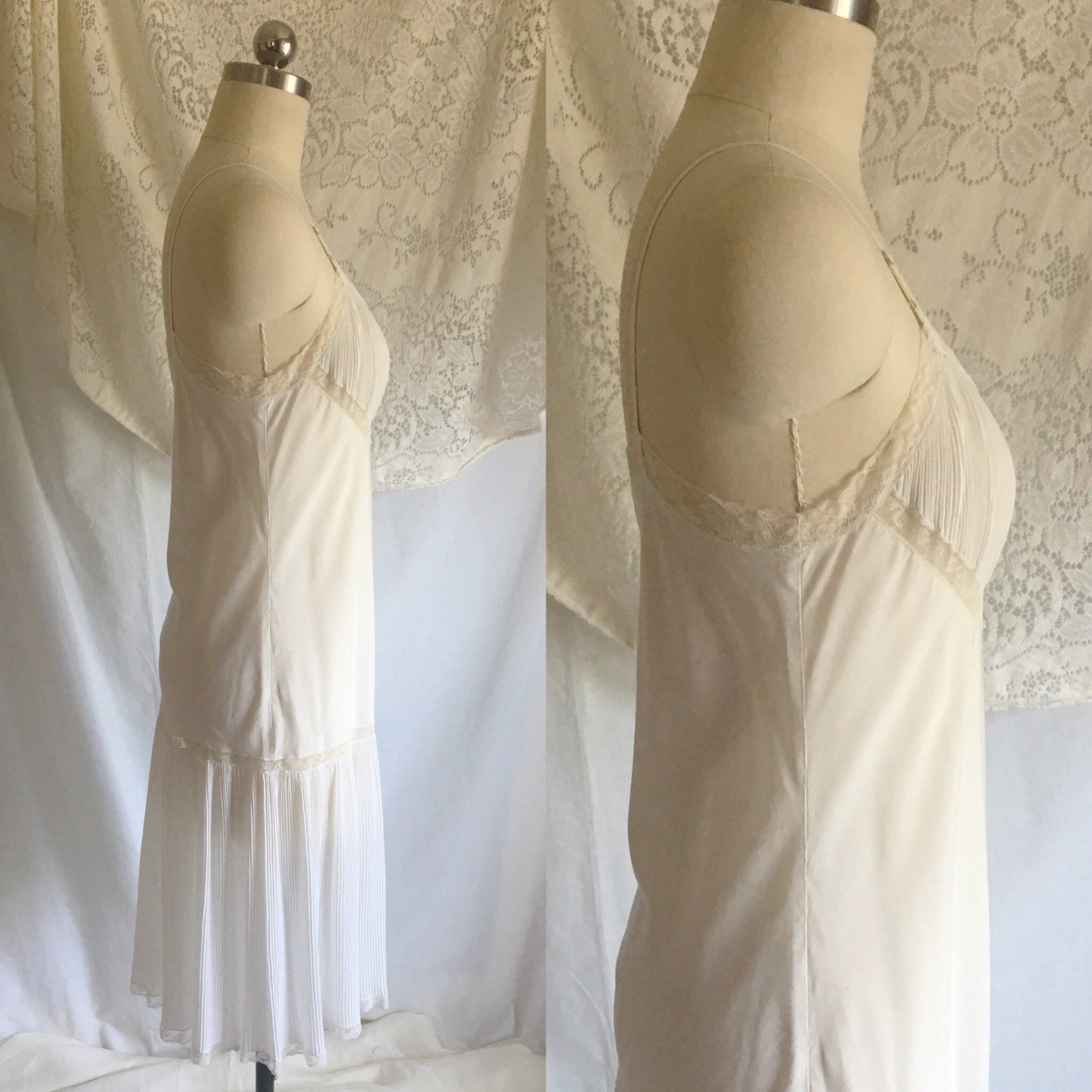 Vintage 1950's Chemise Slip | White Dacron Cotton Batiste & Lace | Crystal Pleating | Barbizon | Size SM - Daggers & Dames