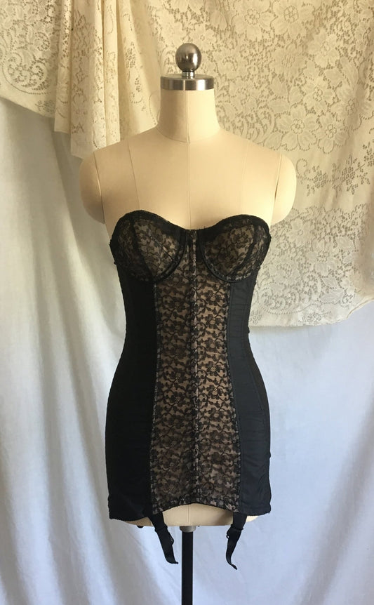 Vintage 1950's Corselette | Black & Nude Taffeta with Lace | Boned All in One Strapless Girdle | Youthform New Rivoli | Size 32, XS - Daggers & Dames