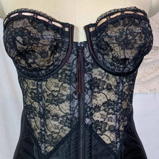 Vintage 1950's Corselette | Black Power Mesh & Satin with Nude Inlay under Lace | Lady Marlene | Size 35 B, 36 C - Daggers & Dames
