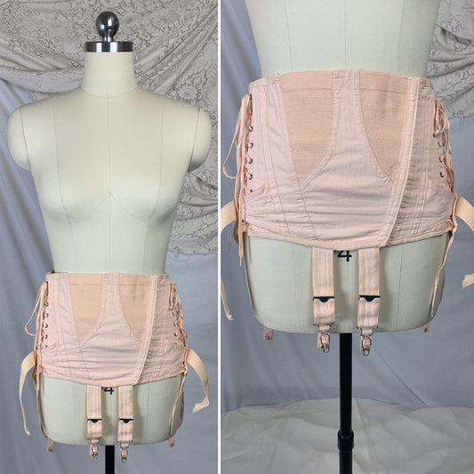Vintage 1950's Corset Girdle | Rose Peach Cotton with Fan Corset Lacing | Famous Gale by Sears, Roebuck and Co. | Size MED, LG, XL - Daggers & Dames