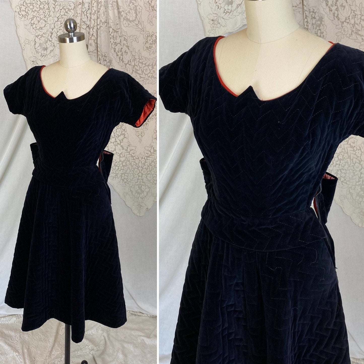 Vintage 1950's Dress | Black Quilted Velvet with Orange Taffeta Lining | Size XXS, XS | Natlynne - Daggers & Dames