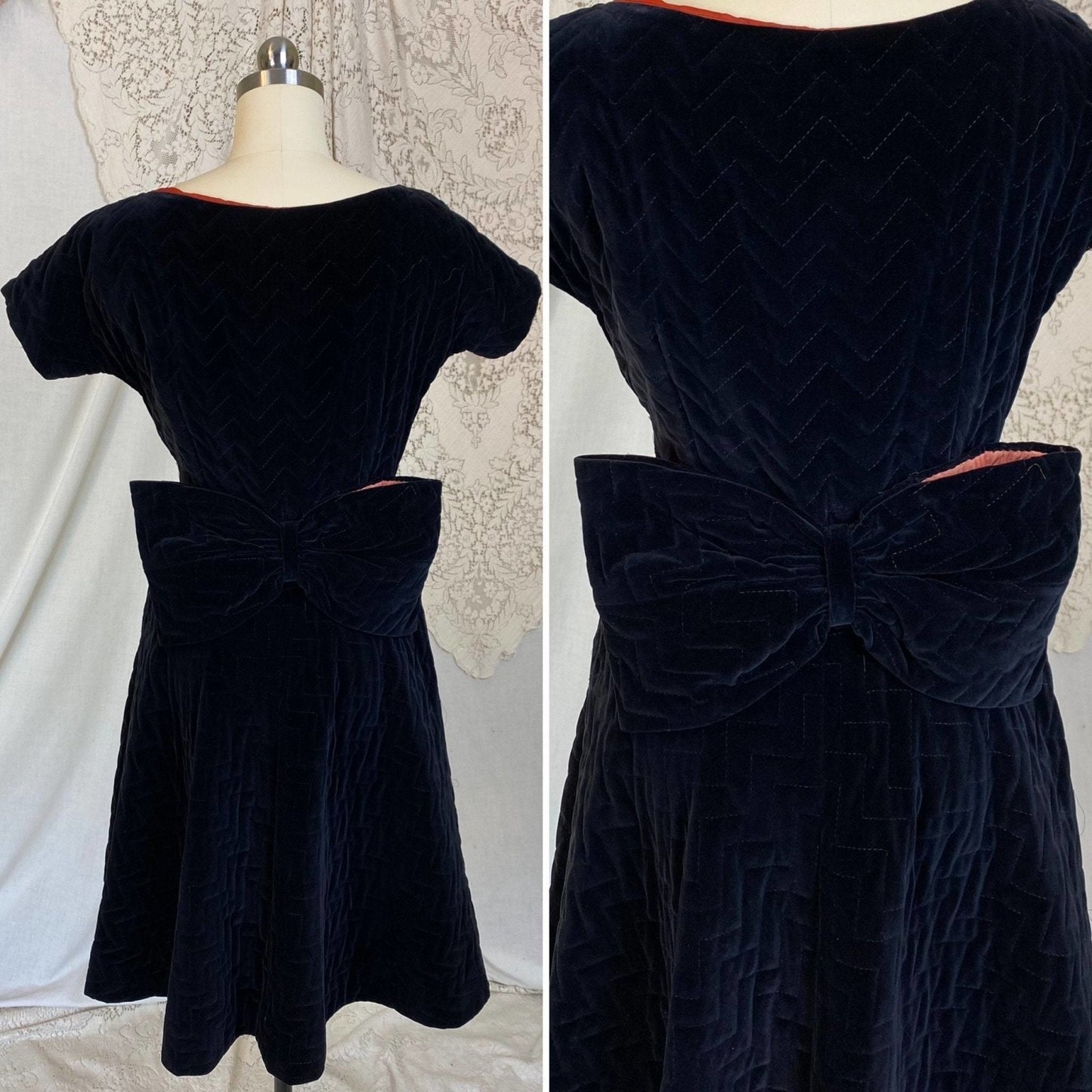 Vintage 1950's Dress | Black Quilted Velvet with Orange Taffeta Lining | Size XXS, XS | Natlynne - Daggers & Dames