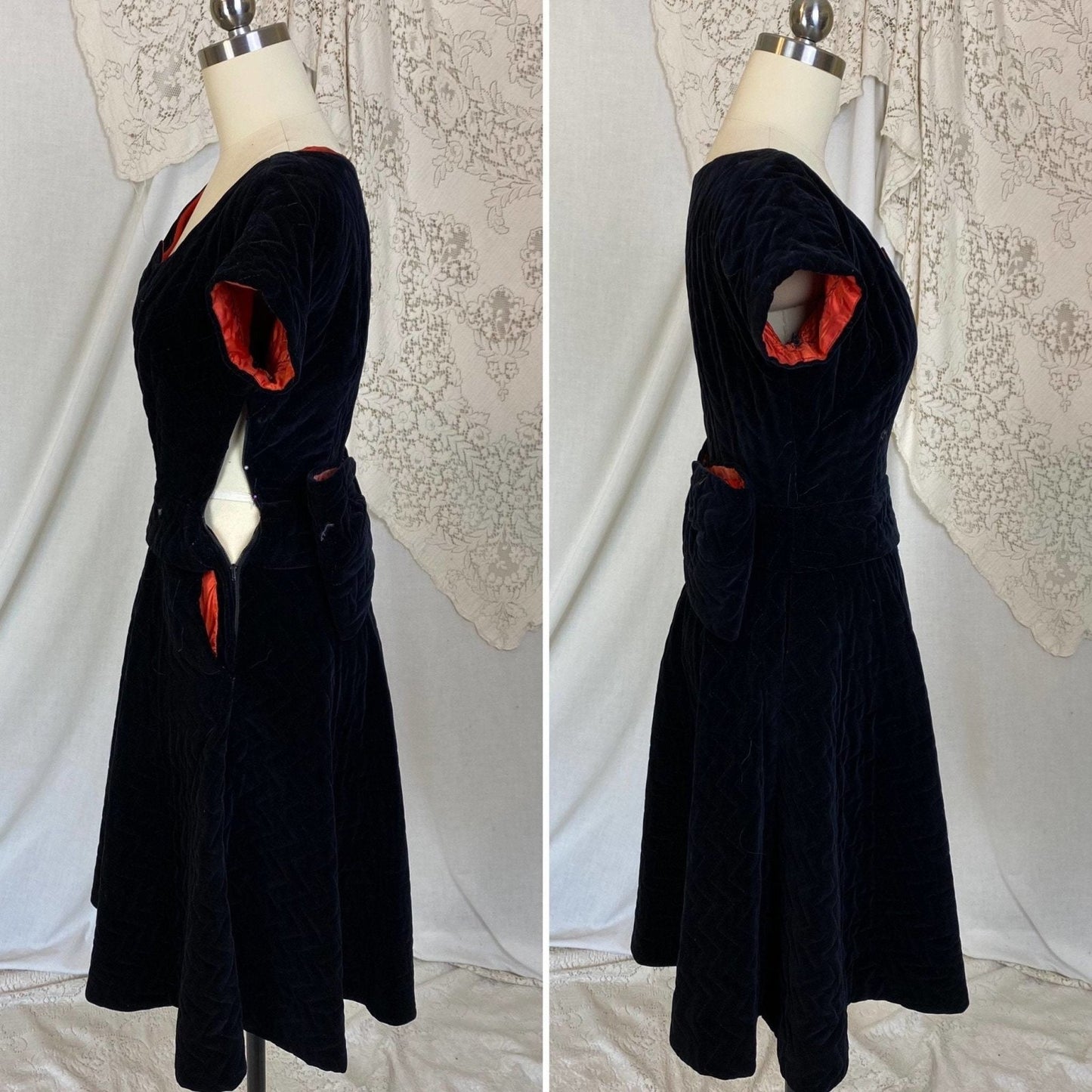 Vintage 1950's Dress | Black Quilted Velvet with Orange Taffeta Lining | Size XXS, XS | Natlynne - Daggers & Dames