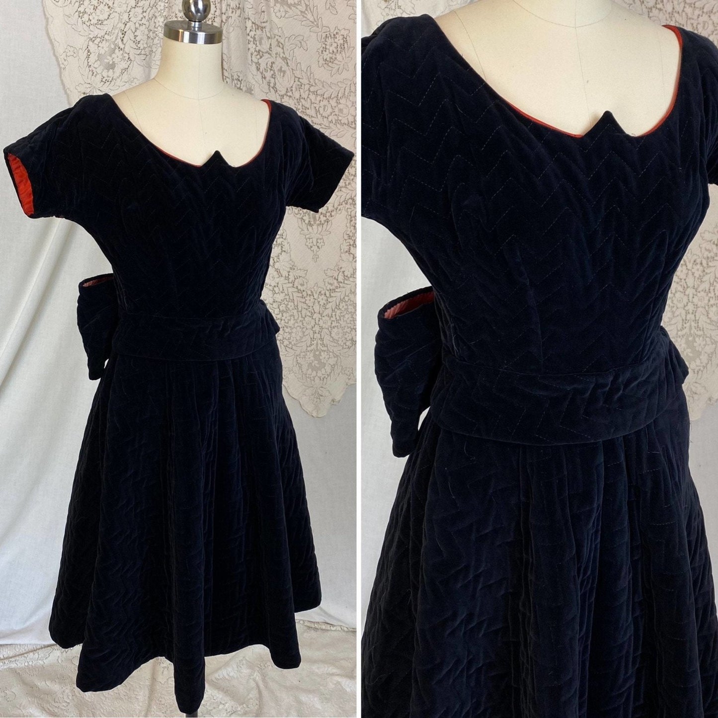 Vintage 1950's Dress | Black Quilted Velvet with Orange Taffeta Lining | Size XXS, XS | Natlynne - Daggers & Dames