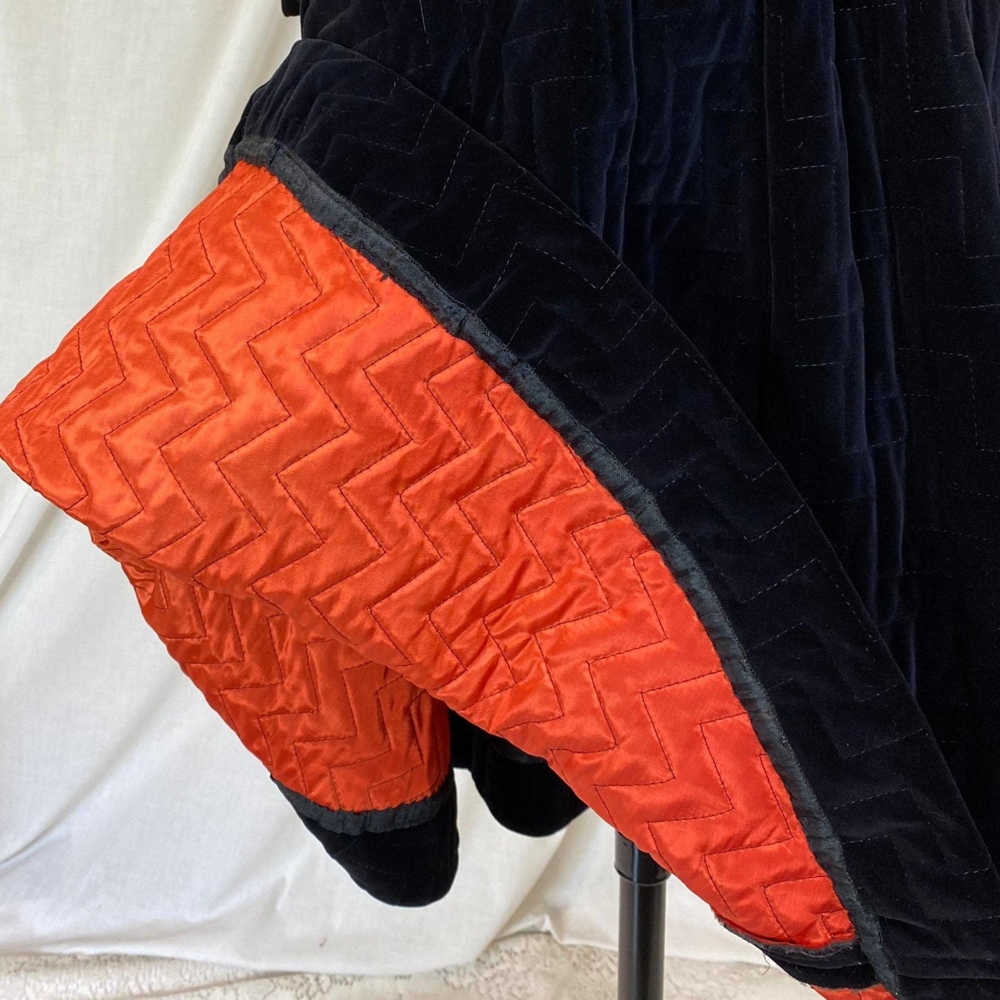 Vintage 1950's Dress | Black Quilted Velvet with Orange Taffeta Lining | Size XXS, XS | Natlynne - Daggers & Dames