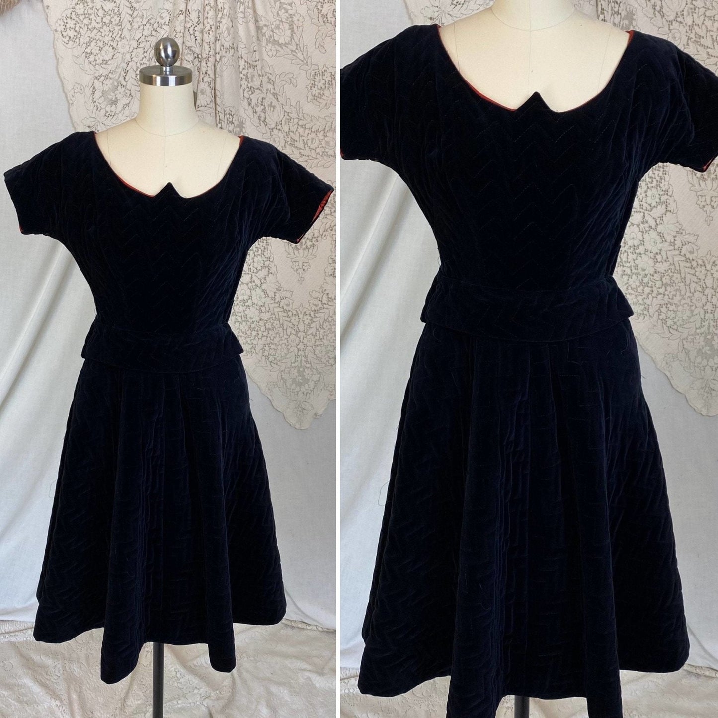 Vintage 1950's Dress | Black Quilted Velvet with Orange Taffeta Lining | Size XXS, XS | Natlynne - Daggers & Dames