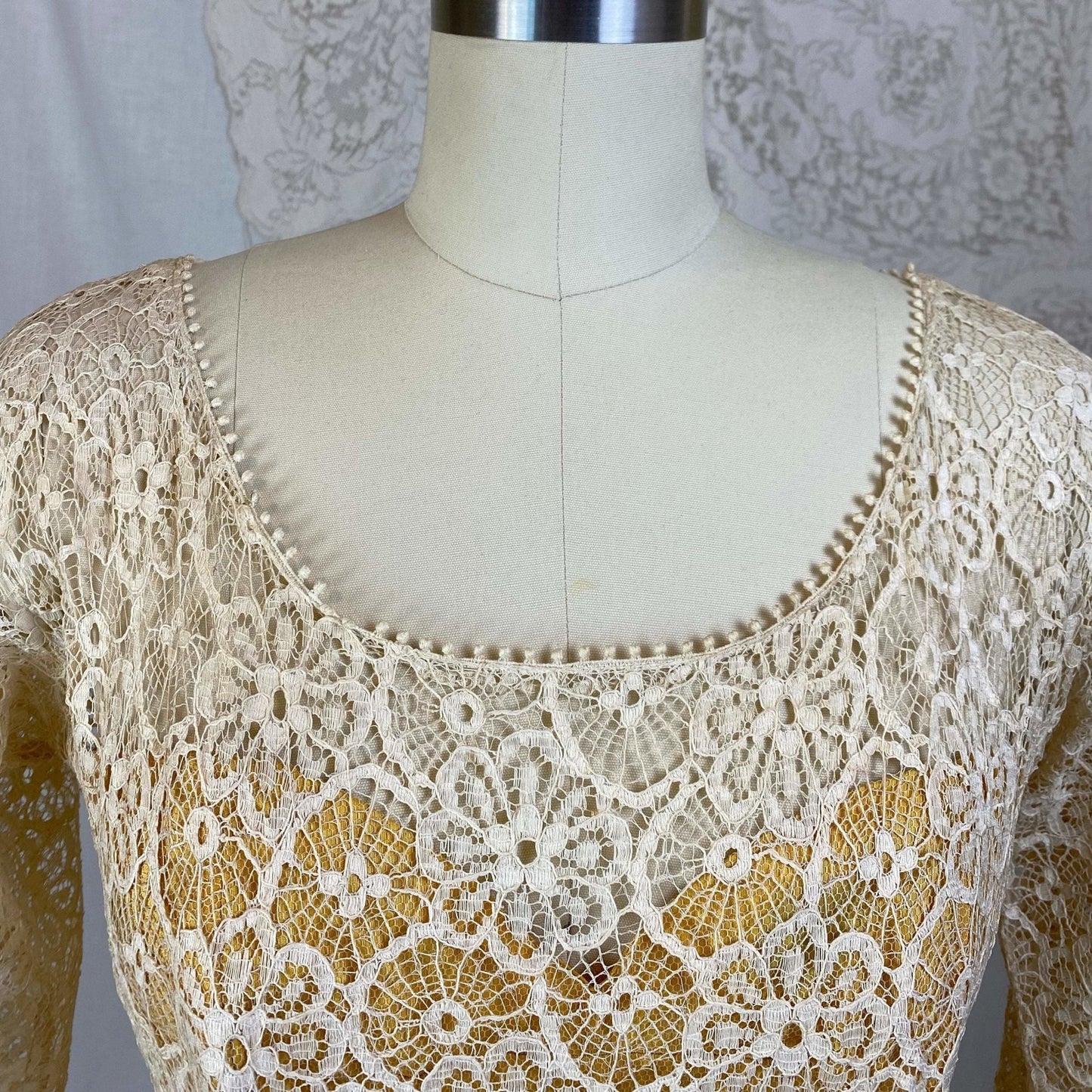 Vintage 1950's Dress | Goldenrod Yellow Taffeta with Ivory Spiderweb Cotton Lace | Size XS - Daggers & Dames