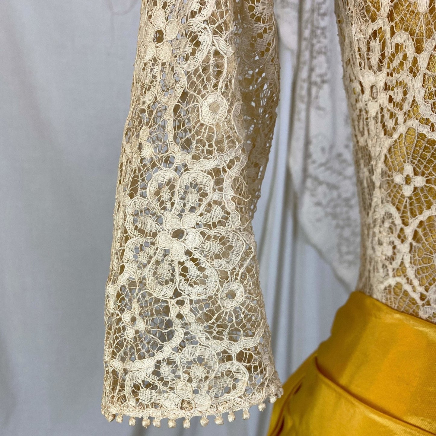 Vintage 1950's Dress | Goldenrod Yellow Taffeta with Ivory Spiderweb Cotton Lace | Size XS - Daggers & Dames