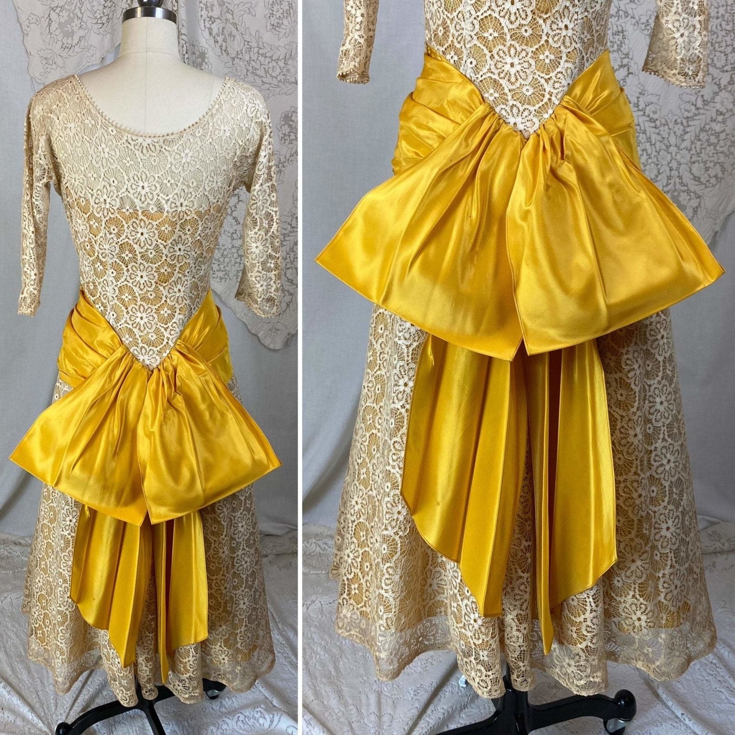 Vintage 1950's Dress | Goldenrod Yellow Taffeta with Ivory Spiderweb Cotton Lace | Size XS - Daggers & Dames