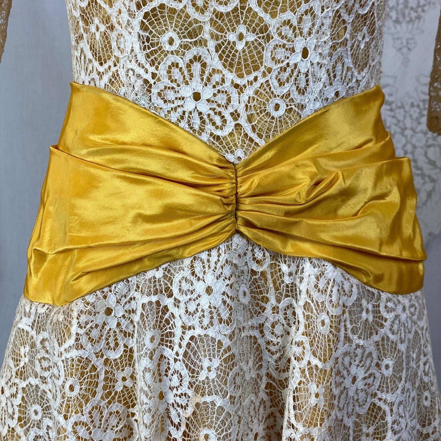 Vintage 1950's Dress | Goldenrod Yellow Taffeta with Ivory Spiderweb Cotton Lace | Size XS - Daggers & Dames