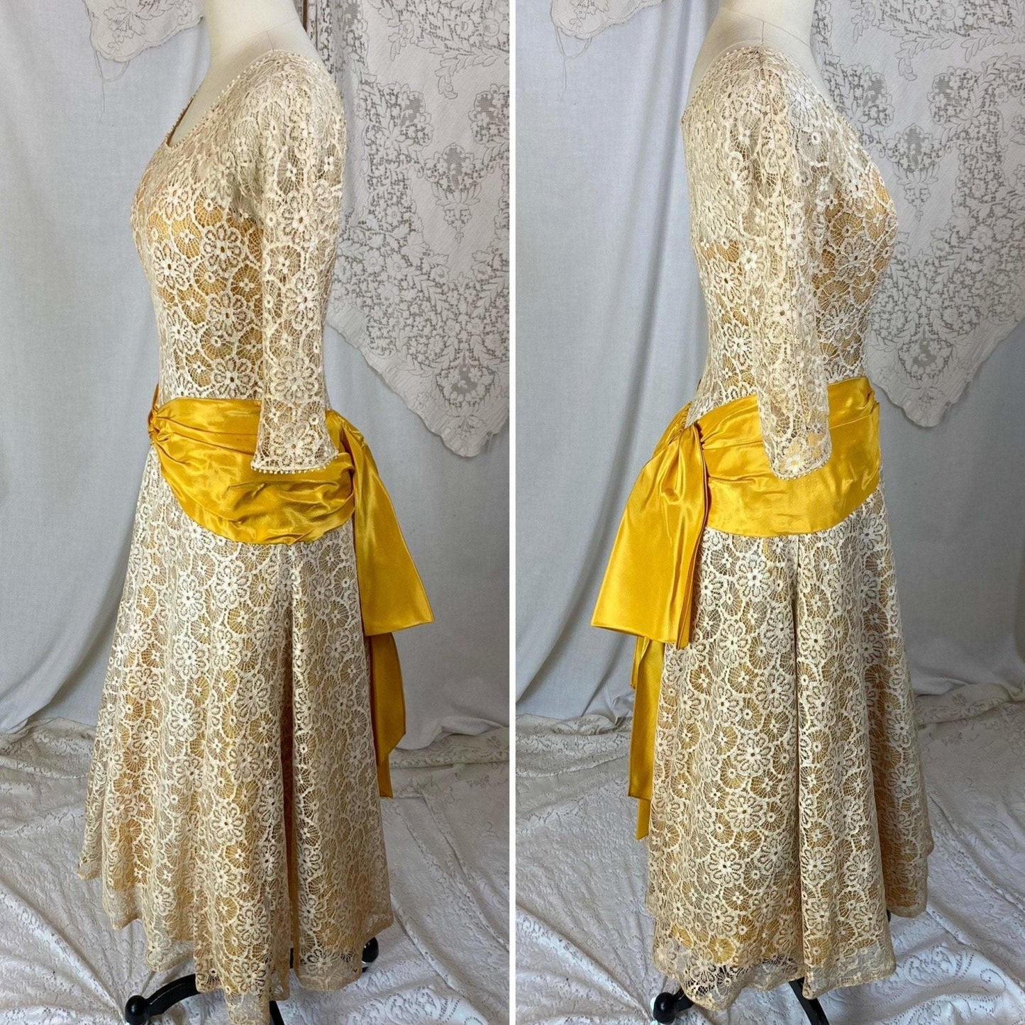 Vintage 1950's Dress | Goldenrod Yellow Taffeta with Ivory Spiderweb Cotton Lace | Size XS - Daggers & Dames