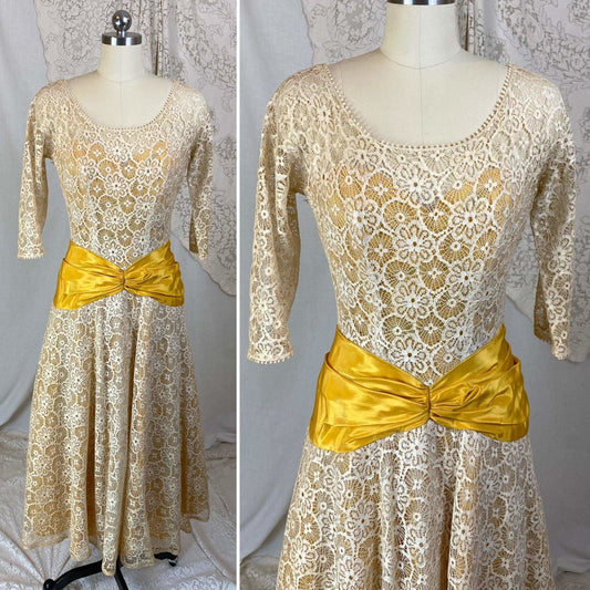 Vintage 1950's Dress | Goldenrod Yellow Taffeta with Ivory Spiderweb Cotton Lace | Size XS - Daggers & Dames
