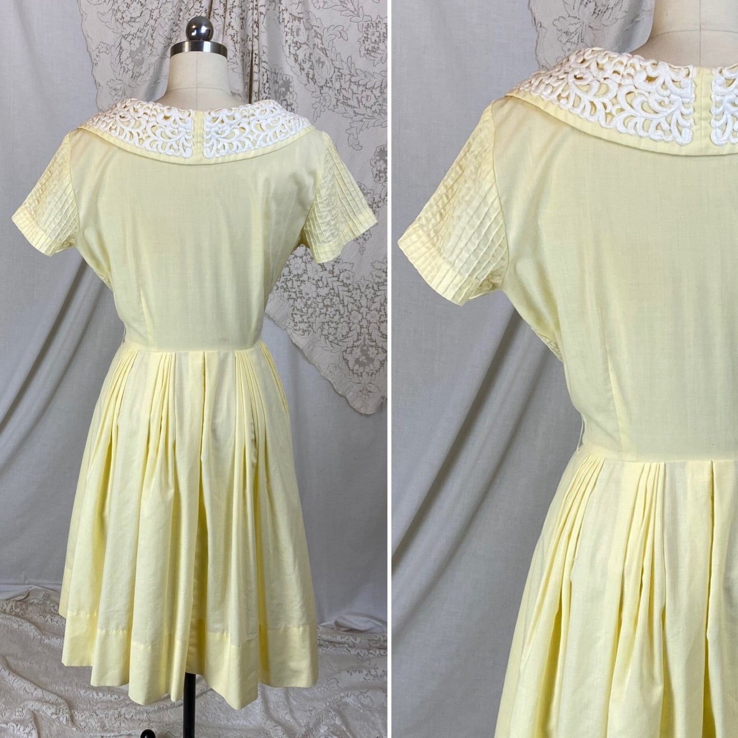 Vintage 1950's Dress | Pastel Yellow Cotton with White Embroidered Lace & Pintuck Stitching | Size M, LG | Jeanne Model - Daggers & Dames