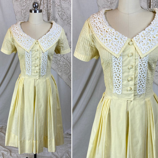 Vintage 1950's Dress | Pastel Yellow Cotton with White Embroidered Lace & Pintuck Stitching | Size M, LG | Jeanne Model - Daggers & Dames