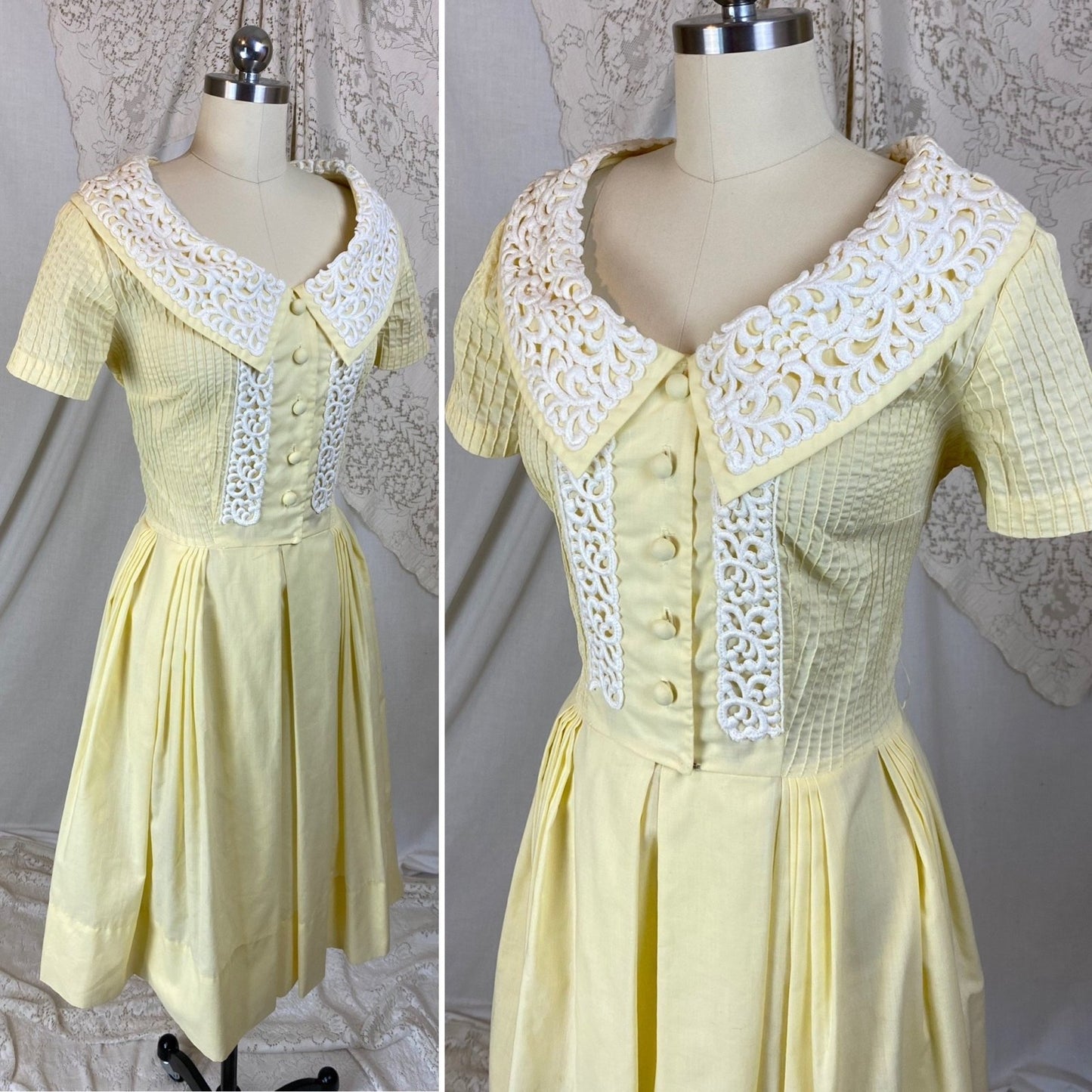 Vintage 1950's Dress | Pastel Yellow Cotton with White Embroidered Lace & Pintuck Stitching | Size M, LG | Jeanne Model - Daggers & Dames