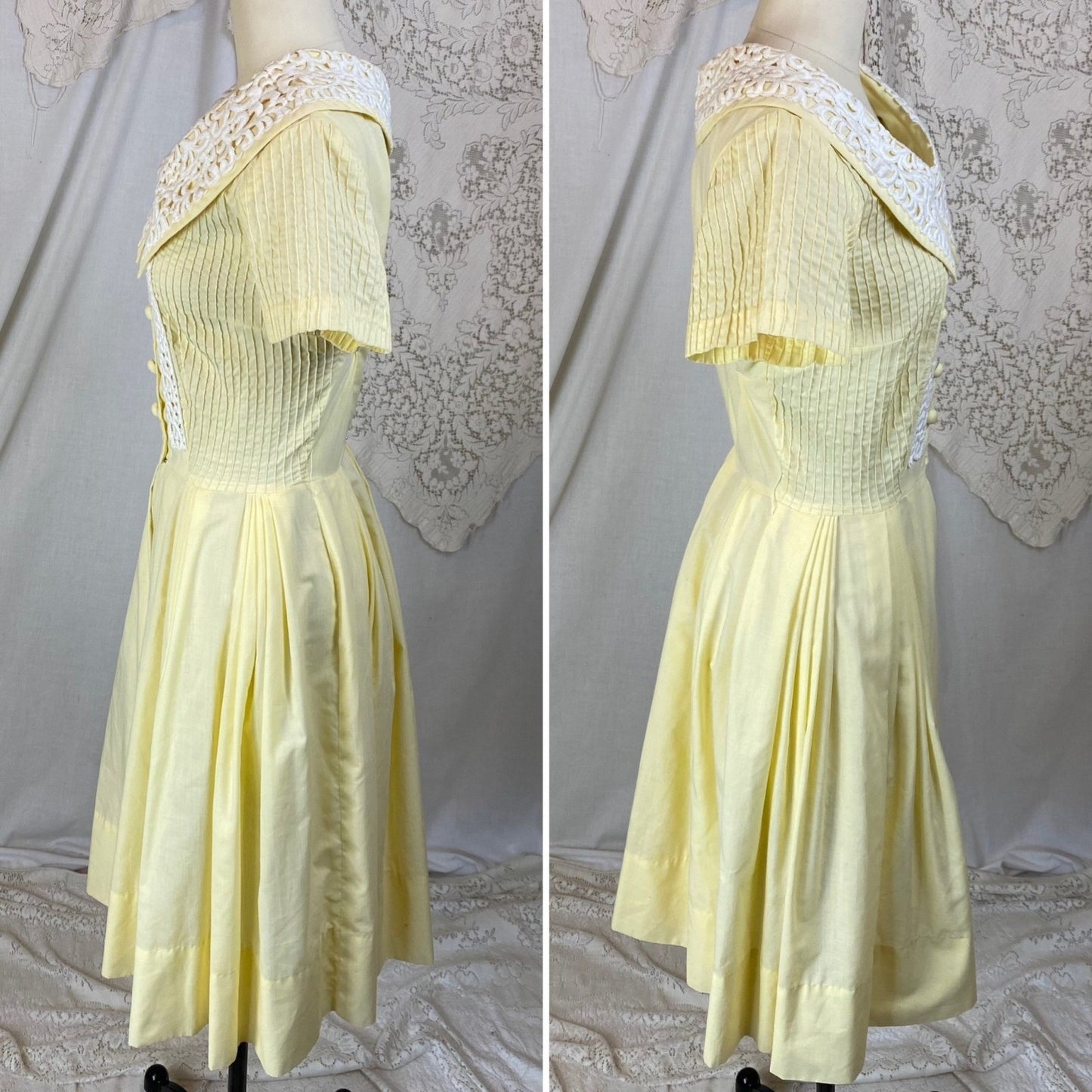 Vintage 1950's Dress | Pastel Yellow Cotton with White Embroidered Lace & Pintuck Stitching | Size M, LG | Jeanne Model - Daggers & Dames