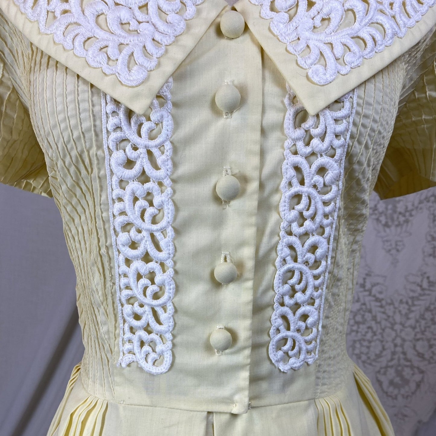 Vintage 1950's Dress | Pastel Yellow Cotton with White Embroidered Lace & Pintuck Stitching | Size M, LG | Jeanne Model - Daggers & Dames