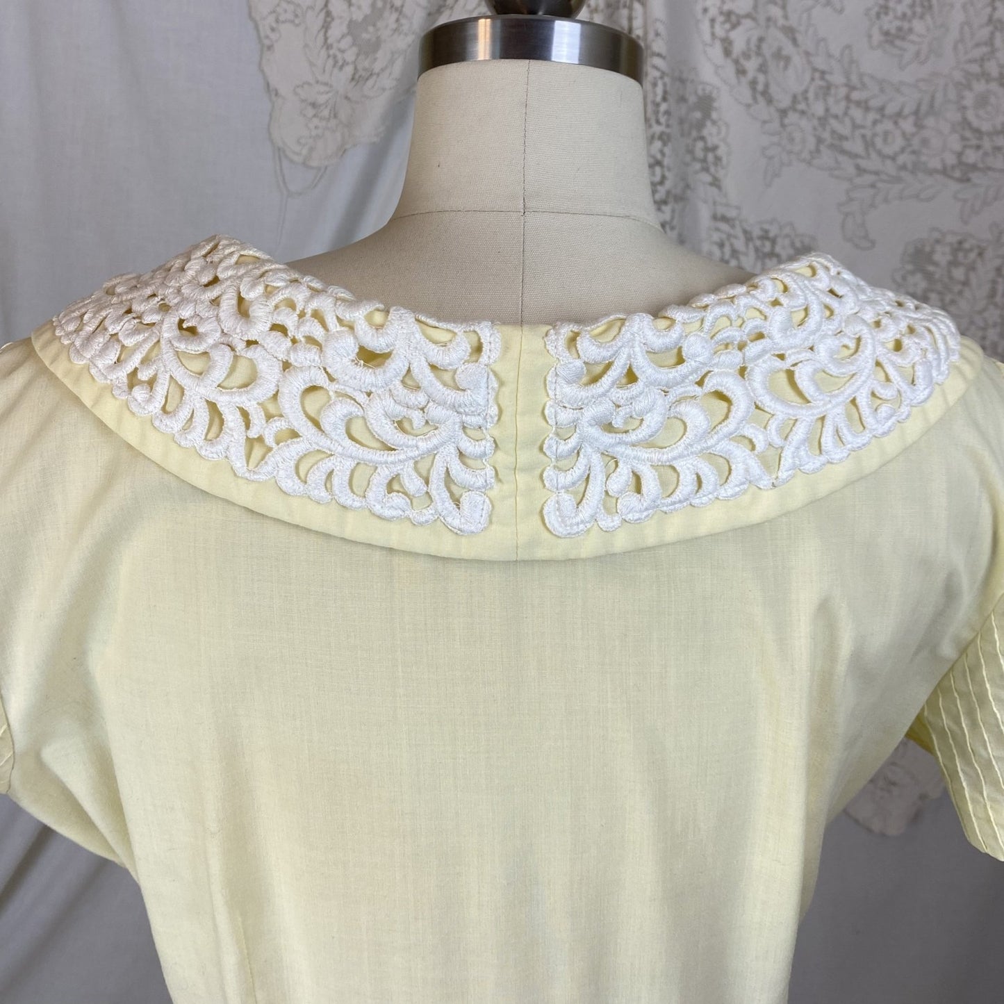 Vintage 1950's Dress | Pastel Yellow Cotton with White Embroidered Lace & Pintuck Stitching | Size M, LG | Jeanne Model - Daggers & Dames