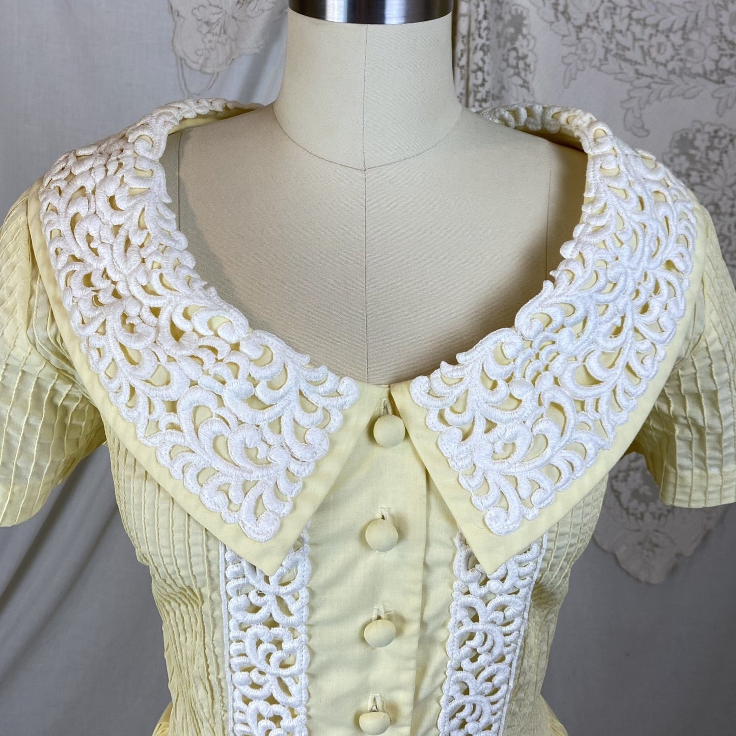 Vintage 1950's Dress | Pastel Yellow Cotton with White Embroidered Lace & Pintuck Stitching | Size M, LG | Jeanne Model - Daggers & Dames