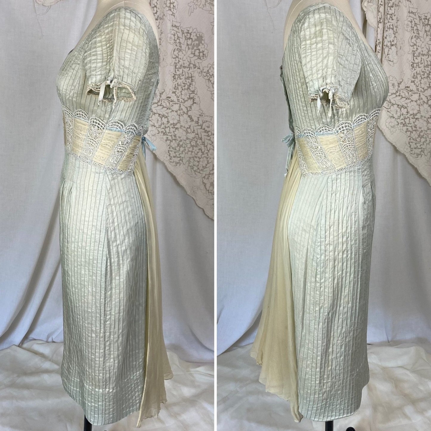 Vintage 1950's Dress | Sage Green Silk Dupioni with Pintuck Stitching, Silk Chiffon & Lace | Size XS | Carlye - Daggers & Dames