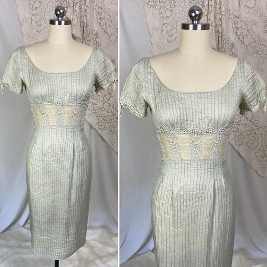 Vintage 1950's Dress | Sage Green Silk Dupioni with Pintuck Stitching, Silk Chiffon & Lace | Size XS | Carlye - Daggers & Dames