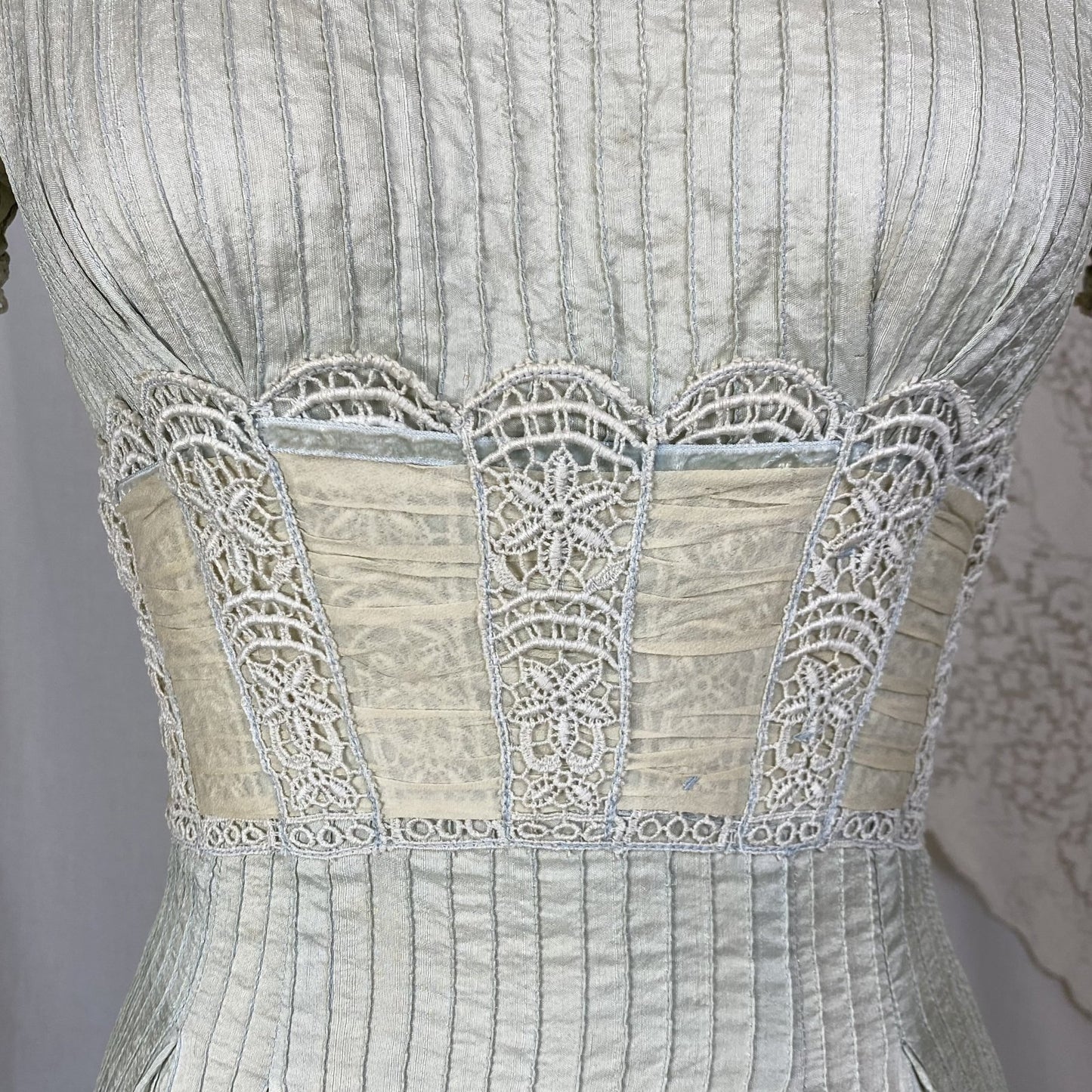Vintage 1950's Dress | Sage Green Silk Dupioni with Pintuck Stitching, Silk Chiffon & Lace | Size XS | Carlye - Daggers & Dames