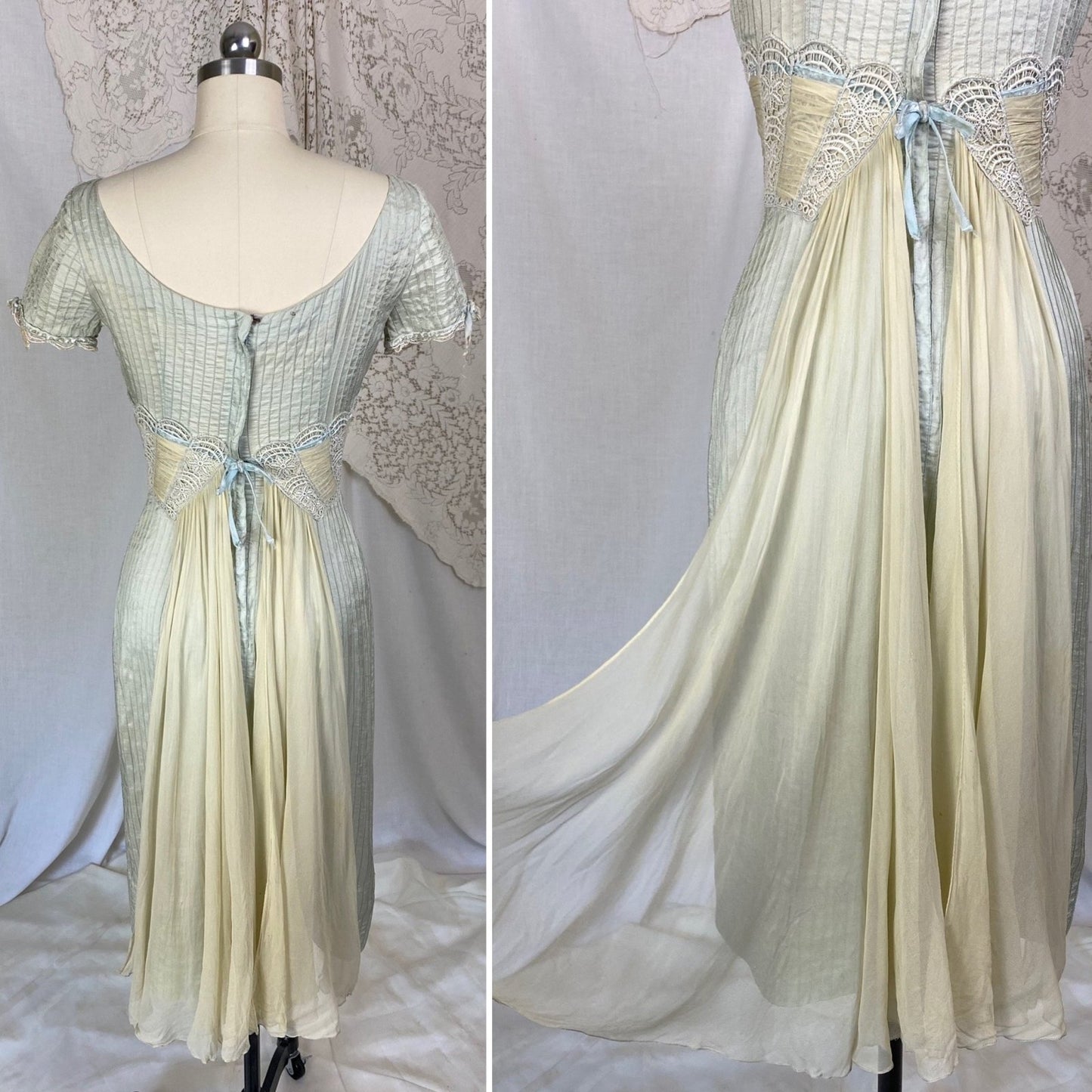 Vintage 1950's Dress | Sage Green Silk Dupioni with Pintuck Stitching, Silk Chiffon & Lace | Size XS | Carlye - Daggers & Dames