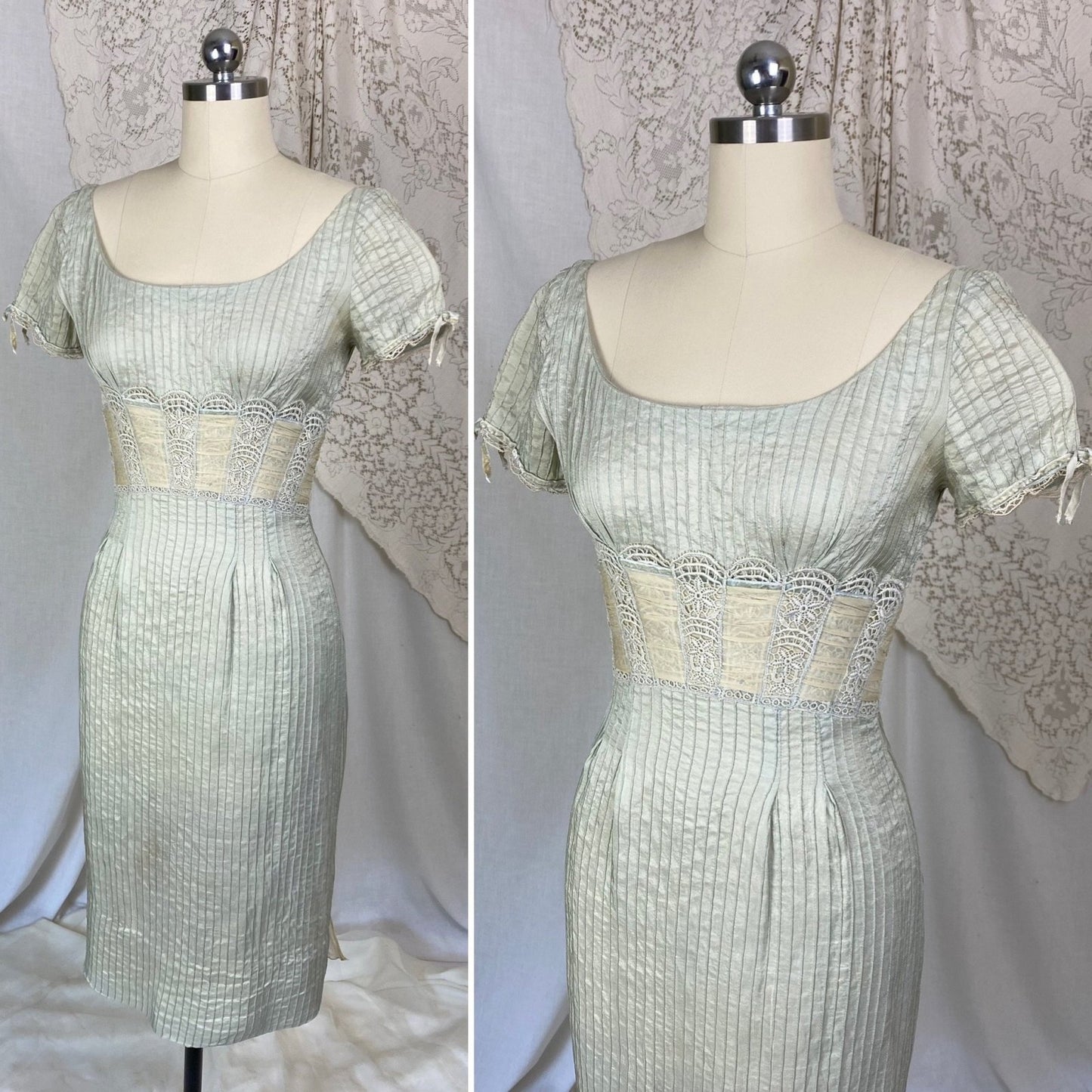 Vintage 1950's Dress | Sage Green Silk Dupioni with Pintuck Stitching, Silk Chiffon & Lace | Size XS | Carlye - Daggers & Dames