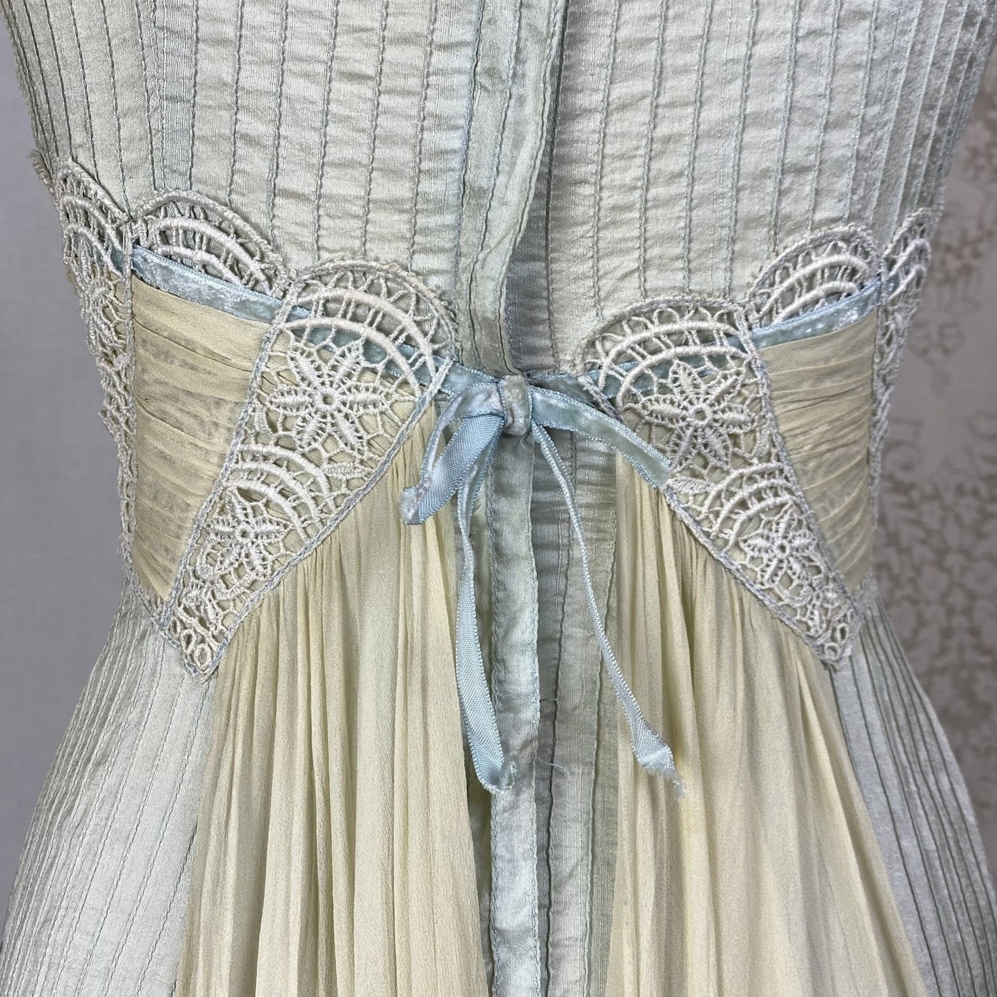 Vintage 1950's Dress | Sage Green Silk Dupioni with Pintuck Stitching, Silk Chiffon & Lace | Size XS | Carlye - Daggers & Dames