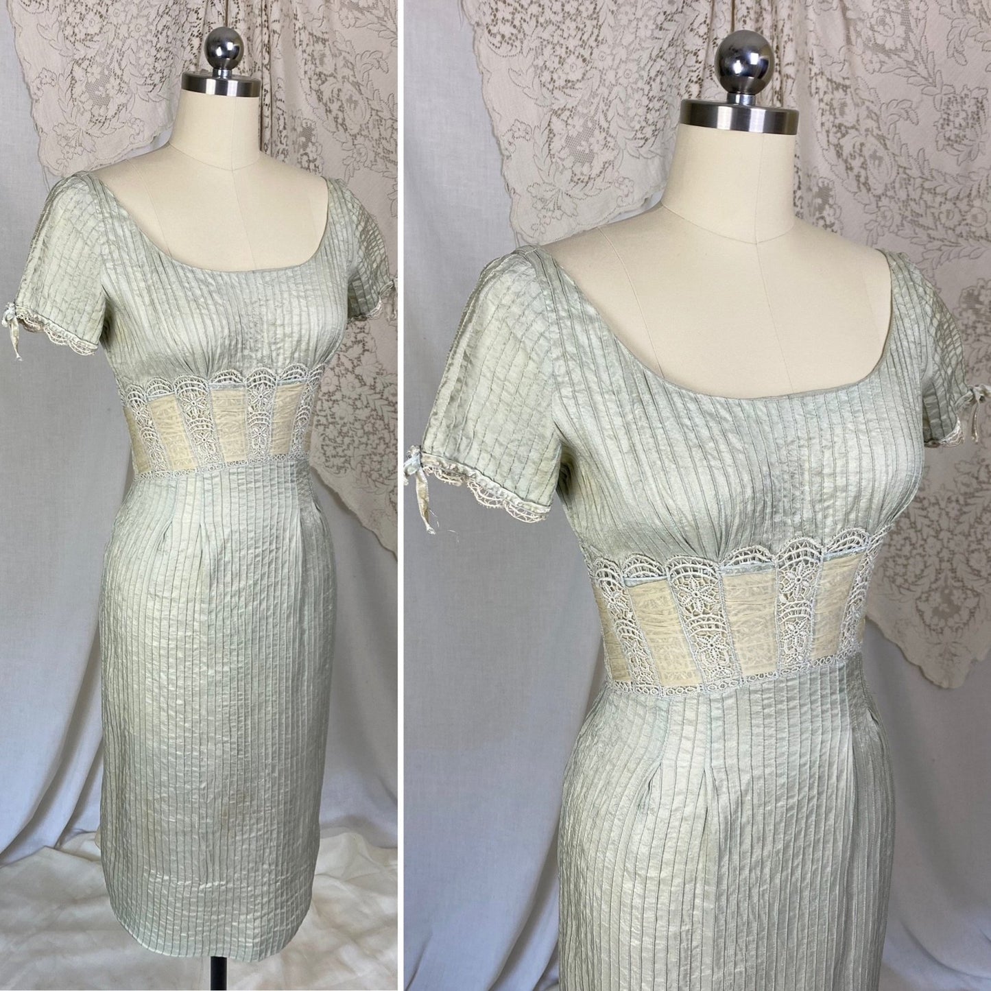 Vintage 1950's Dress | Sage Green Silk Dupioni with Pintuck Stitching, Silk Chiffon & Lace | Size XS | Carlye - Daggers & Dames