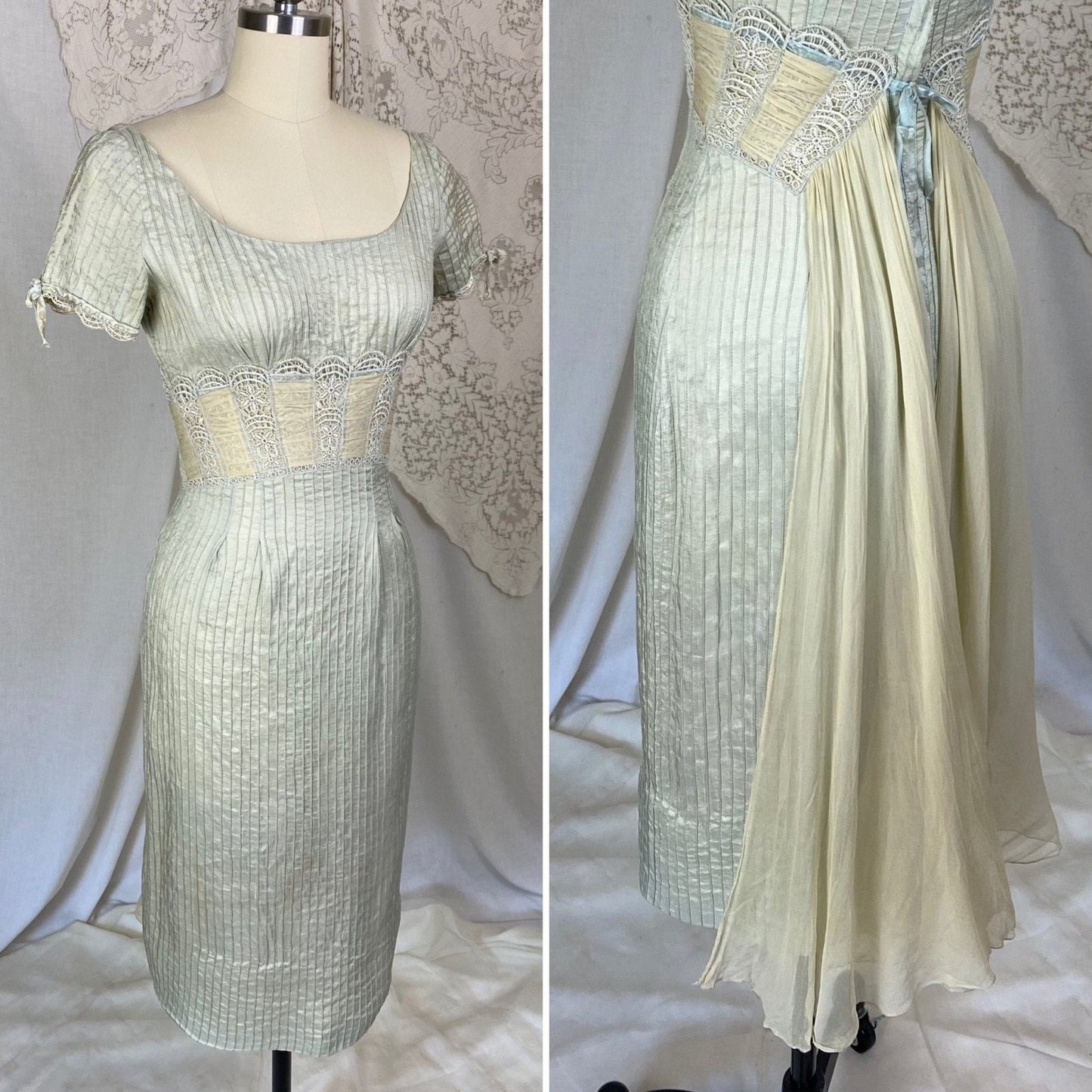 Vintage 1950's Dress | Sage Green Silk Dupioni with Pintuck Stitching, Silk Chiffon & Lace | Size XS | Carlye - Daggers & Dames