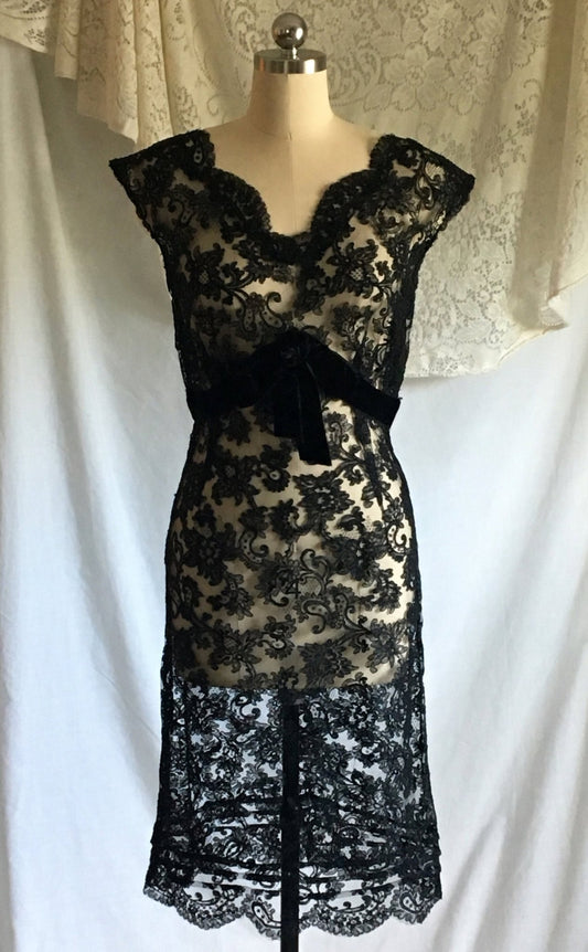 Vintage 1950's Dress | Sheer Black Alençon Lace with Velvet & Bias Cut | Size S - Daggers & Dames