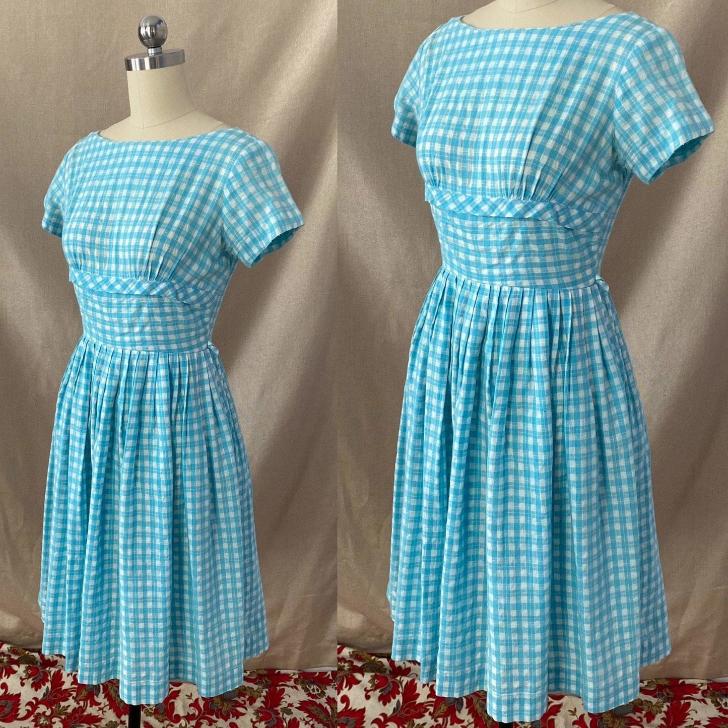 Vintage 1950's Dress | Sky Blue & White Gingham Print Cotton | Size XS -Never Worn - Daggers & Dames