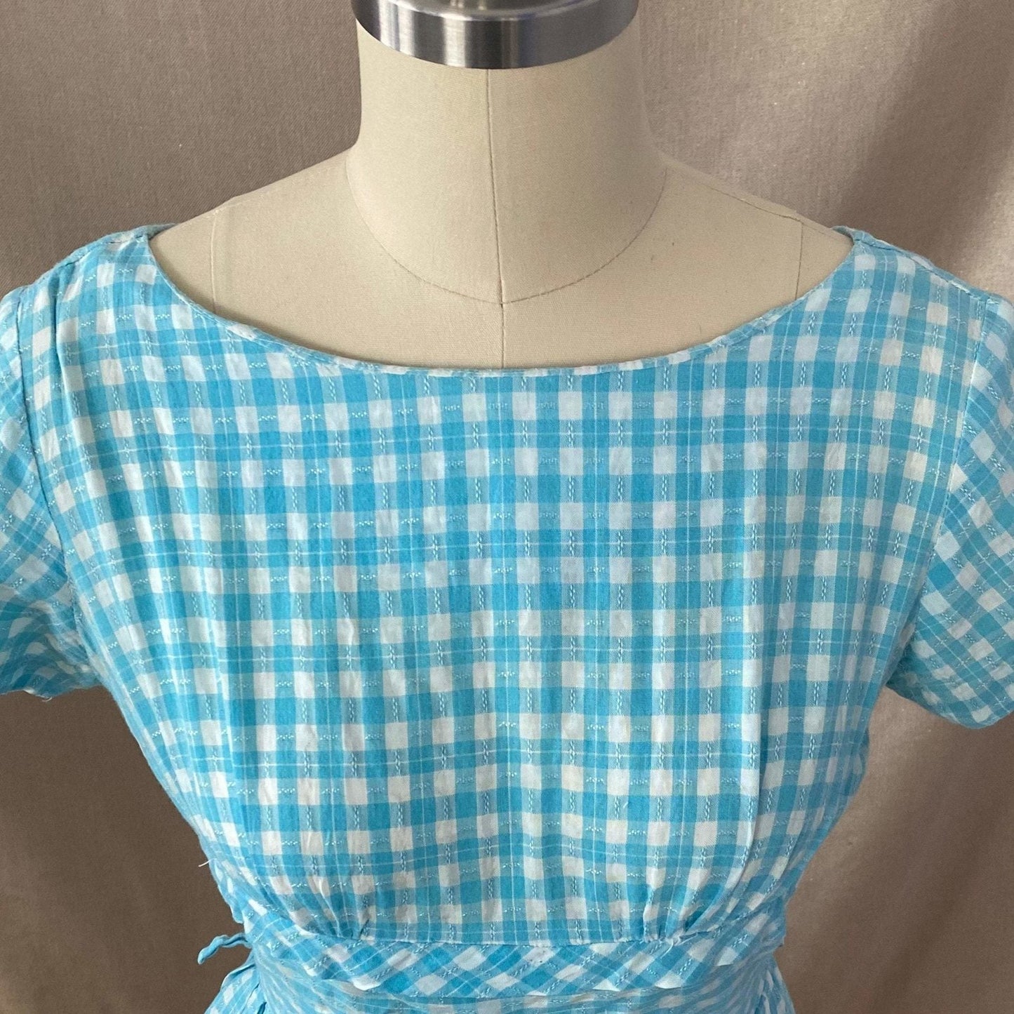 Vintage 1950's Dress | Sky Blue & White Gingham Print Cotton | Size XS -Never Worn - Daggers & Dames