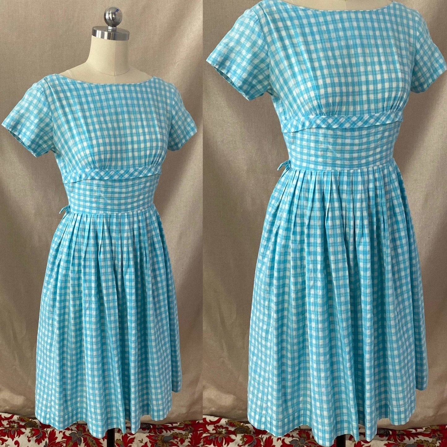 Vintage 1950's Dress | Sky Blue & White Gingham Print Cotton | Size XS -Never Worn - Daggers & Dames