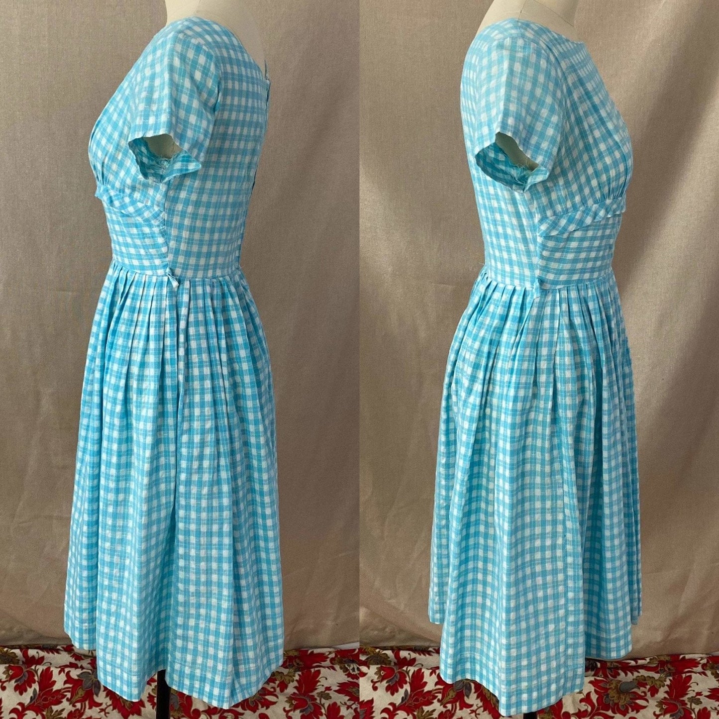 Vintage 1950's Dress | Sky Blue & White Gingham Print Cotton | Size XS -Never Worn - Daggers & Dames