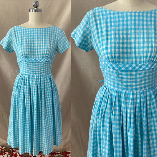 Vintage 1950's Dress | Sky Blue & White Gingham Print Cotton | Size XS -Never Worn - Daggers & Dames