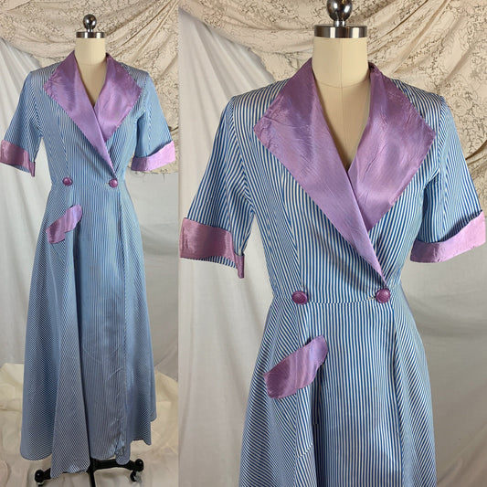 Vintage 1950's Dressing Gown Robe | Blue & White Nautical Stripes with Lilac Purple Accents | Peggy Prim | Size SM, MED - Daggers & Dames