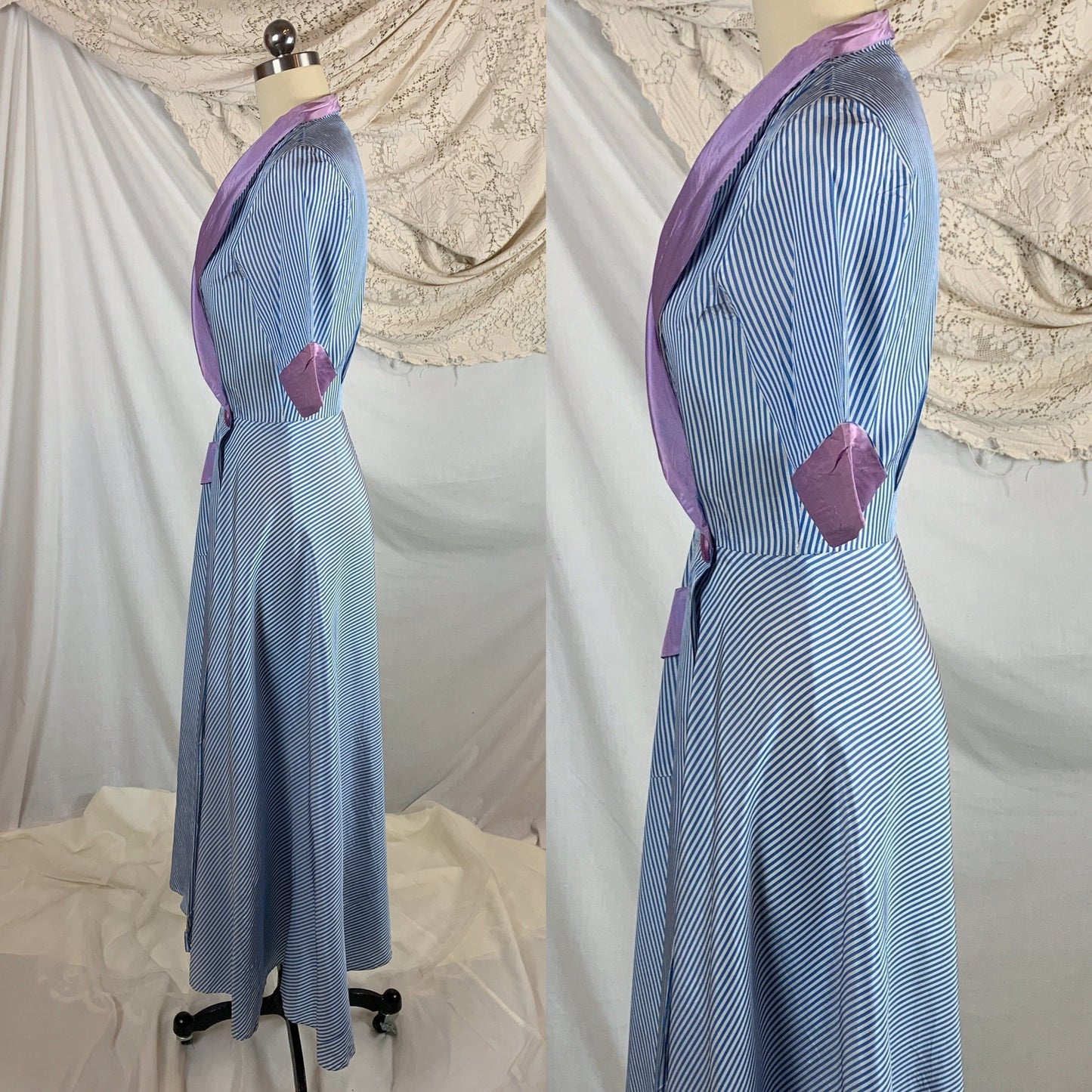 Vintage 1950's Dressing Gown Robe | Blue & White Nautical Stripes with Lilac Purple Accents | Peggy Prim | Size SM, MED - Daggers & Dames