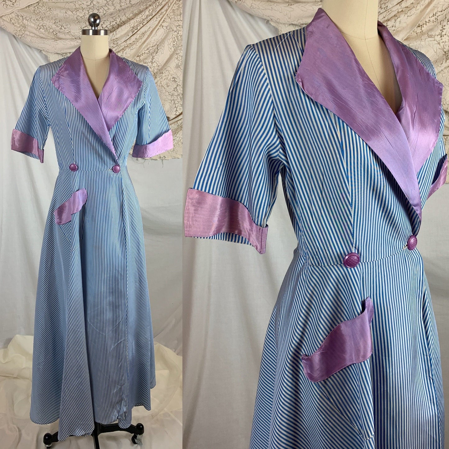 Vintage 1950's Dressing Gown Robe | Blue & White Nautical Stripes with Lilac Purple Accents | Peggy Prim | Size SM, MED - Daggers & Dames