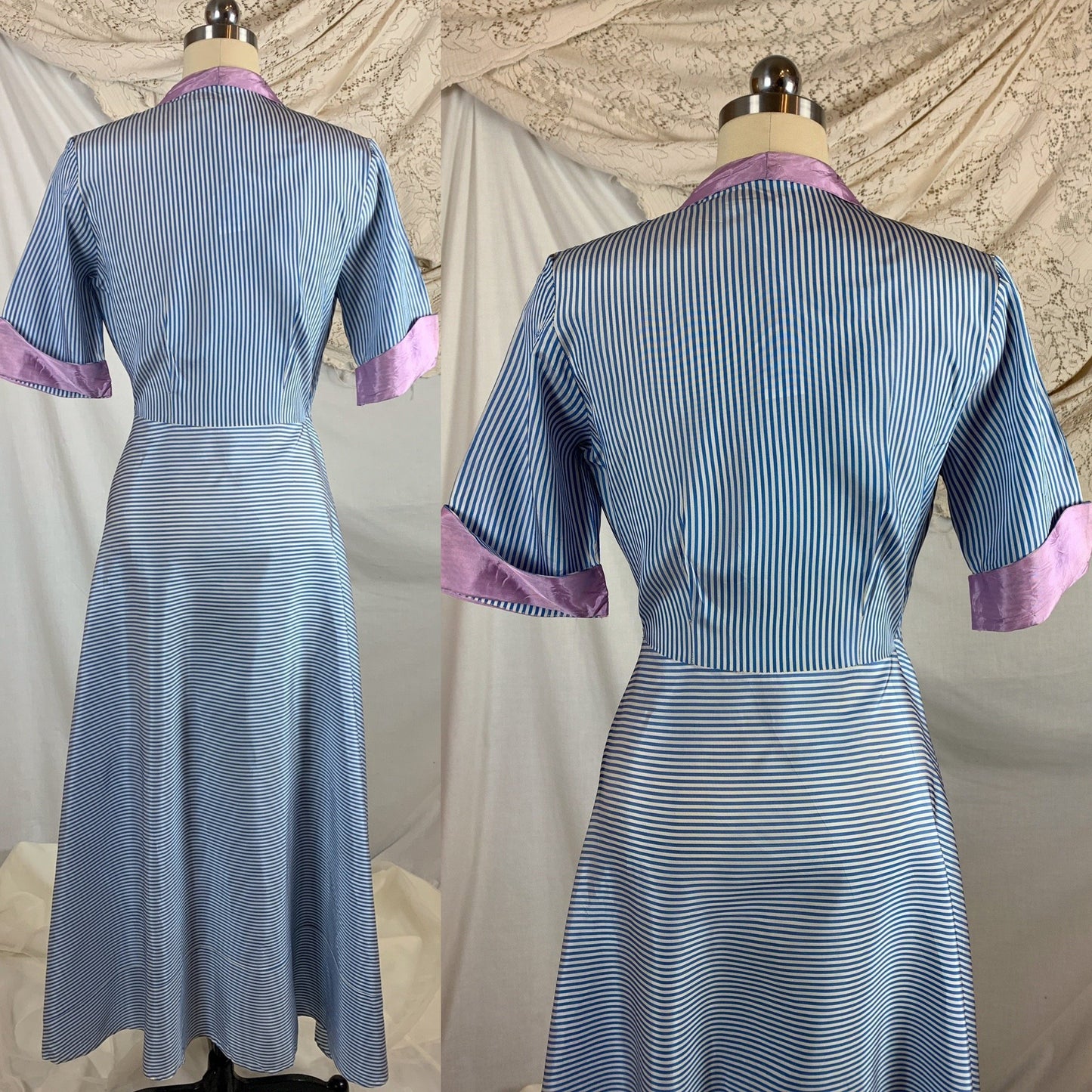 Vintage 1950's Dressing Gown Robe | Blue & White Nautical Stripes with Lilac Purple Accents | Peggy Prim | Size SM, MED - Daggers & Dames