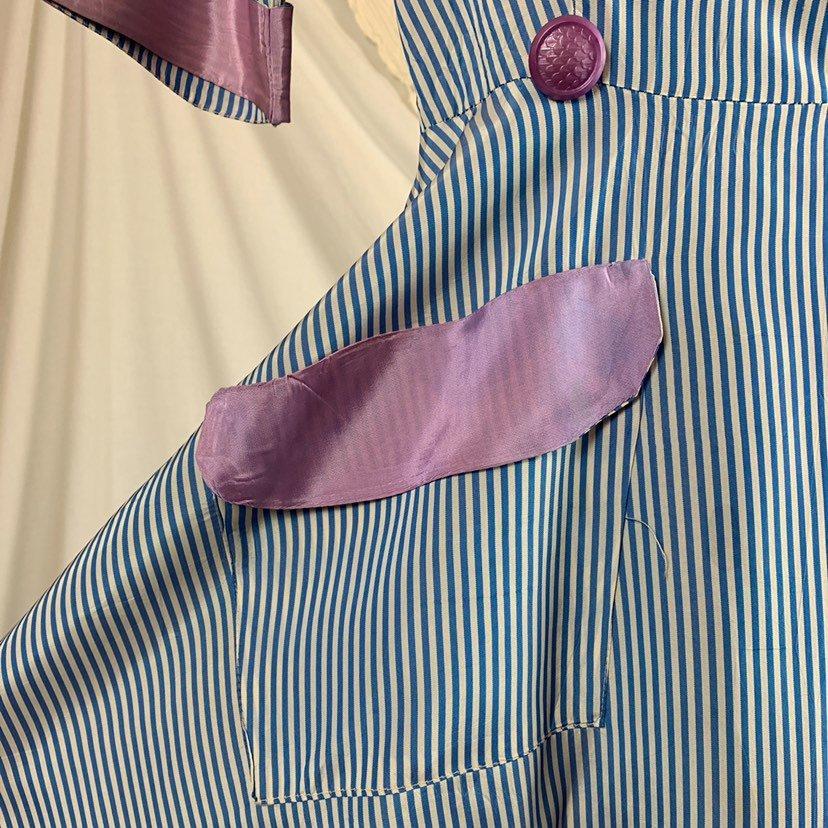 Vintage 1950's Dressing Gown Robe | Blue & White Nautical Stripes with Lilac Purple Accents | Peggy Prim | Size SM, MED - Daggers & Dames
