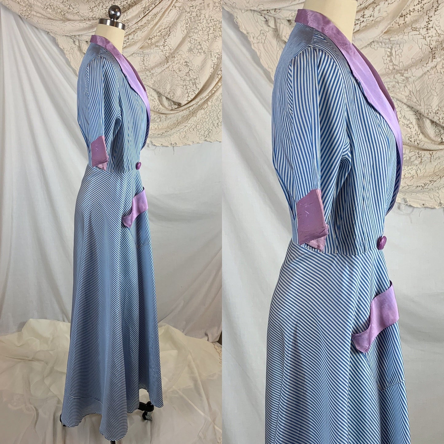 Vintage 1950's Dressing Gown Robe | Blue & White Nautical Stripes with Lilac Purple Accents | Peggy Prim | Size SM, MED - Daggers & Dames