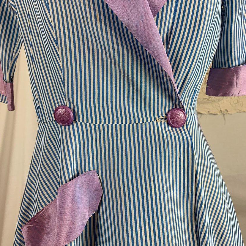 Vintage 1950's Dressing Gown Robe | Blue & White Nautical Stripes with Lilac Purple Accents | Peggy Prim | Size SM, MED - Daggers & Dames