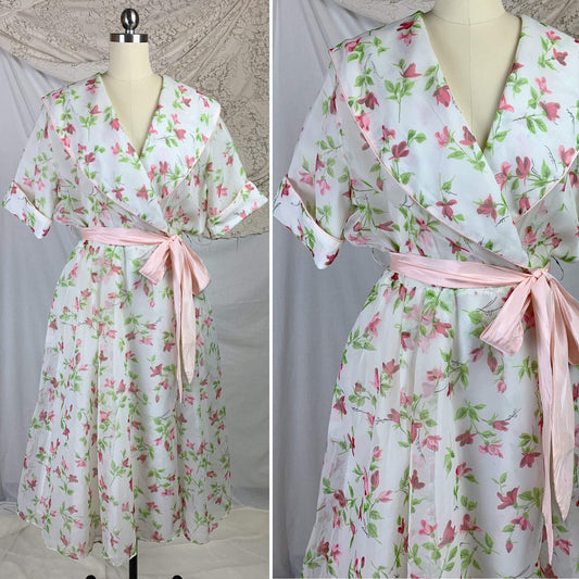 Vintage 1950's Dressing Gown Robe | Sheer White Nylon Chiffon with Pink & Green Floral Print | Campus Girl | Size LG, XL - Daggers & Dames
