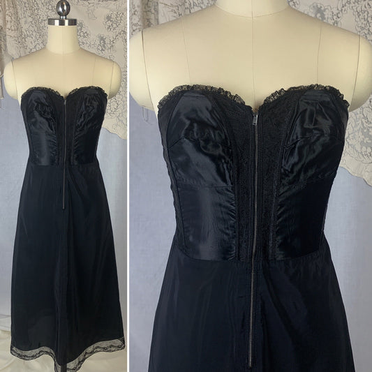 Vintage 1950's Foundation Slip | Black Satin Cathedral Bra with Lace & Rayon Blend Skirt | Size 34 B, C | Gilead - Daggers & Dames
