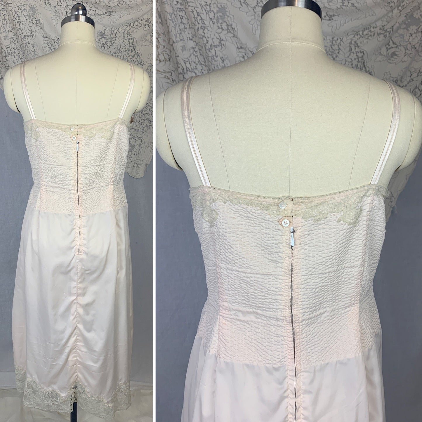 Vintage 1950's Foundation Slip | Palest Pink Nylon with Monowire Bullet Bra top & Nude Lace | Size 36 C, MED, LG - Daggers & Dames