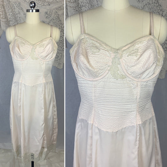 Vintage 1950's Foundation Slip | Palest Pink Nylon with Monowire Bullet Bra top & Nude Lace | Size 36 C, MED, LG - Daggers & Dames